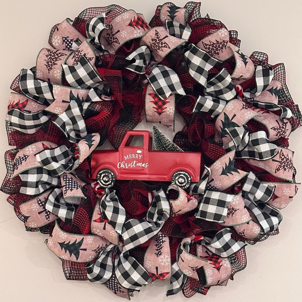 Buffalo Check Farmhouse Christmas Wreath w/Red Truck Handmade Holiday Door Décor